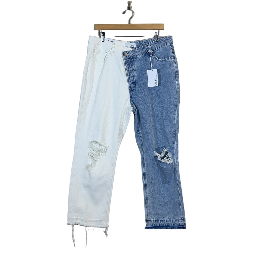 NWT Vervet Norah Colorblock Straight Leg Jeans Blue White Distressed Size 32